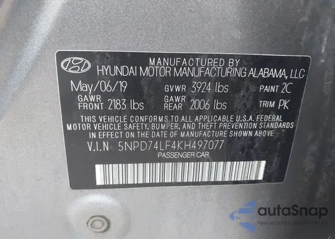 2019 Hyundai Elantra Se z USA, uszkodzony, nr VIN 5NPD74LF4KH497077